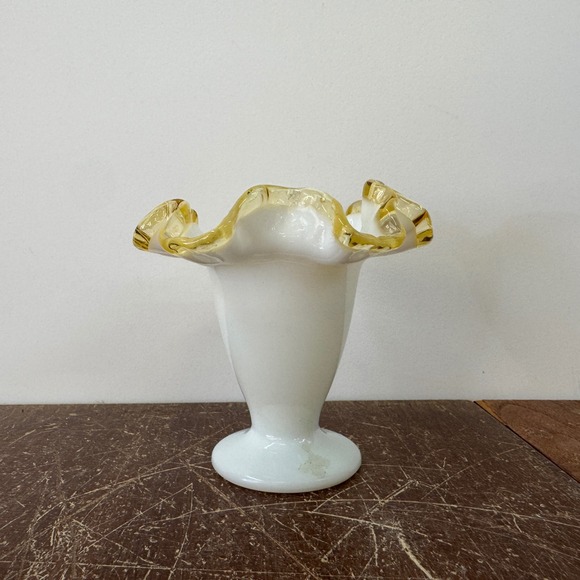 Fenton Other - Fenton Yellow Crest Art Glass Vase Ruffled Top Pedestal Base Milk Glass